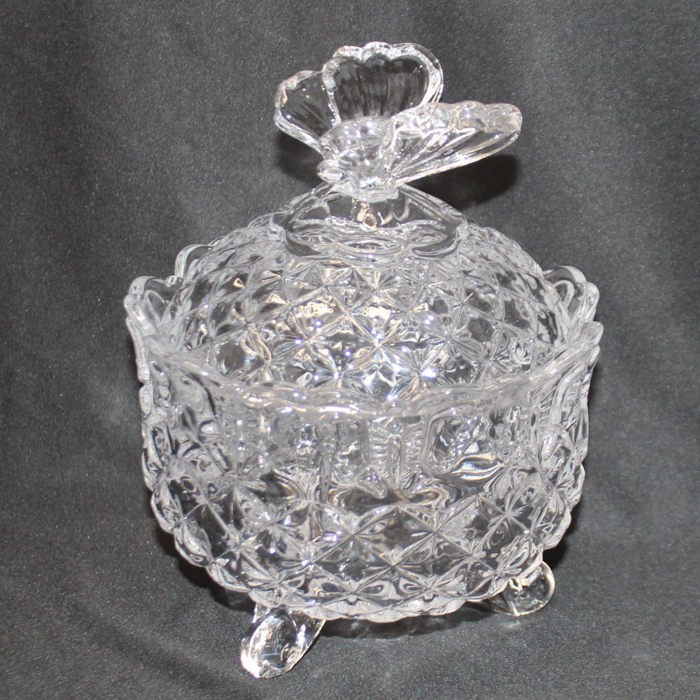 Vintage Bohemia Crystal Butterfly Covered Dish Czech Republic Footed Hand Cut